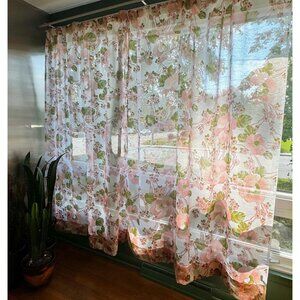 Vintage 1970s curtain, dramatic oversized pink flowers, sheer, rod heading panel